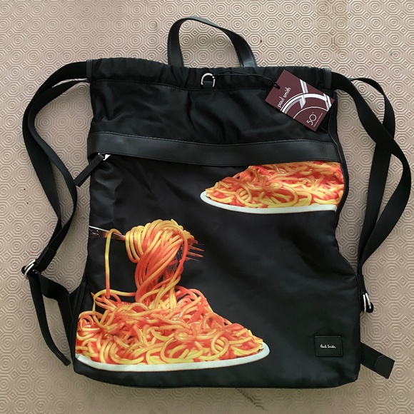 NWT PAUL SMITH 50th Anniversary Spaghetti Print Drawstring Backpack Black - Picture 2 of 13